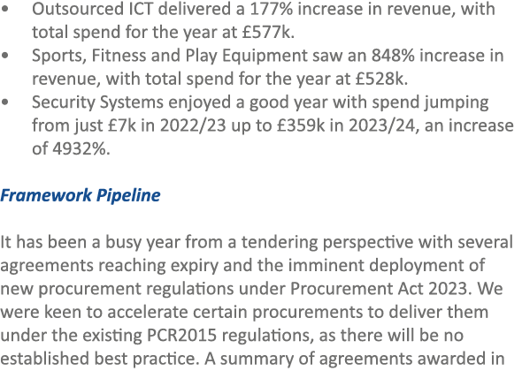• Outsourced ICT delivered a 177% increase in revenue, with total spend for the year at £577k. • Sports, Fitness and ...