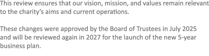 This review ensures that our vision, mission, and values remain relevant to the charity’s aims and current operations...